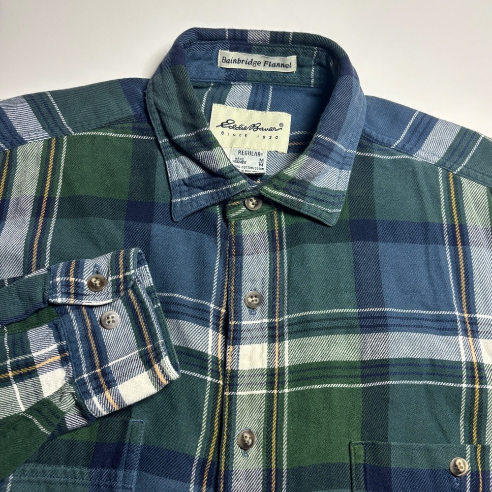 Eddie Bauer Bainbridge Flannel Shirt Mens Medium Green Blue Plaid Regular Fit